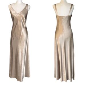 XSCAPE Beige Gold Satin V-Neck Slip Maxi Dress - 8 P